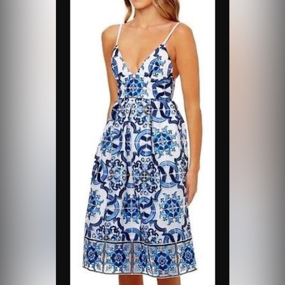 KOOKAI Donatella White Blue Embroidered Cocktail Midi Dress - Picture 9 of 15